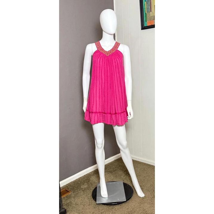 1970's Greek Cotton Gauze Mini Dress Fits S-Xl Hot Pink X Gold Pinstripe Tunic